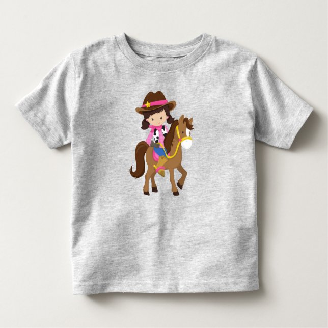 T-shirt Pour Les Tous Petits Cowgirl, shérif, cheval, western, cheveux bruns (Devant)