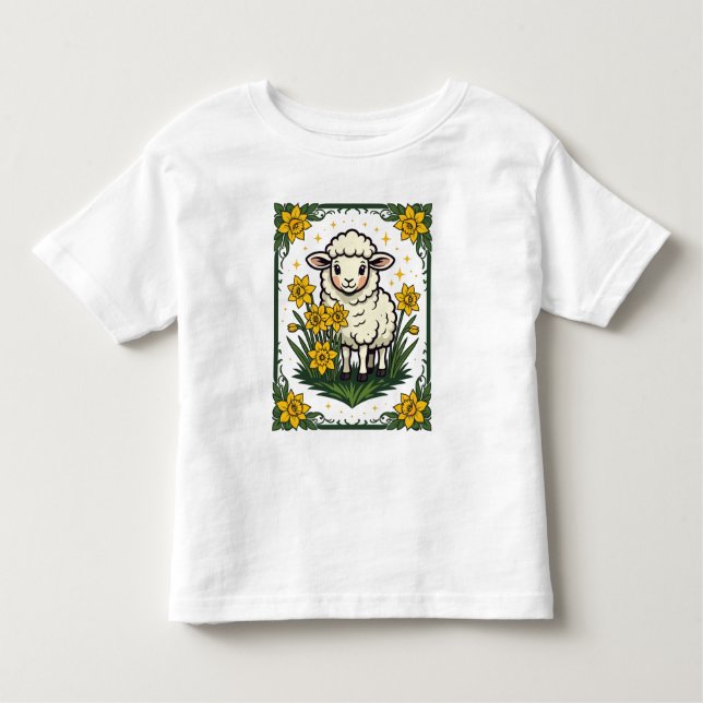 T-shirt Pour Les Tous Petits Cute Baby Sheep Surrounded By Yellow Daffodils (Devant)