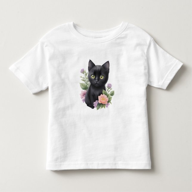 T-shirt Pour Les Tous Petits Cute Black Chat Floral Whimsical (Devant)