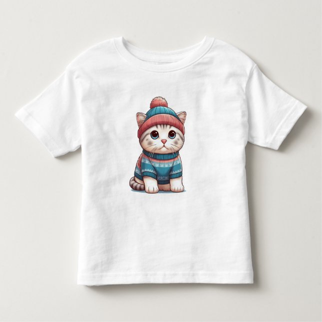 T-shirt Pour Les Tous Petits Cute Chat en pull et beanie (Devant)