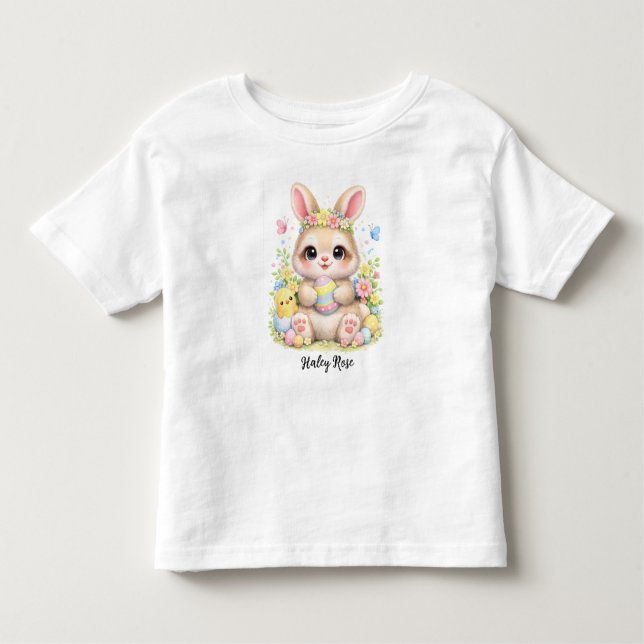 T-shirt Pour Les Tous Petits Cute Easter Bunny Holding Eggs with Flowers (Devant)