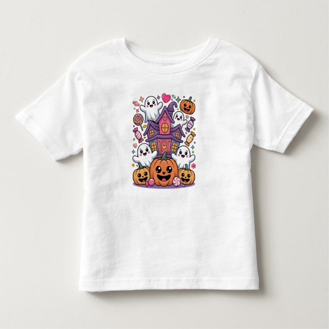 T-shirt Pour Les Tous Petits Cute Kawaii Halloween |  Happy Ghosts & Pumpkins (Devant)