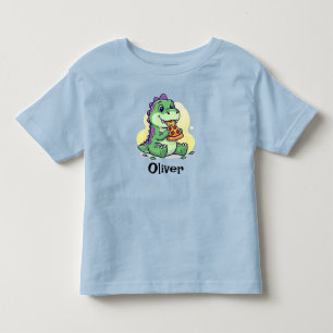 T-shirt Pour Les Tous Petits  Dinosaur Vert Mignon Mangant une Pizza Pizzasauru