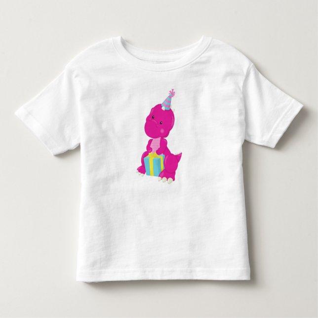 T-shirt Pour Les Tous Petits Dinosaure d'anniversaire, Dinosaure rose, Casquett (Devant)
