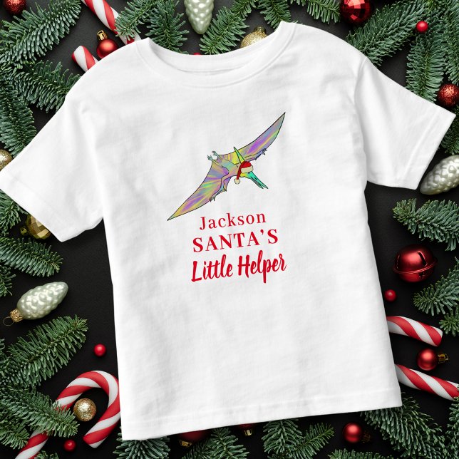 T-shirt Pour Les Tous Petits Dinosaure de Noël Nom du garçon personnalisé (Christmas dinosaur personalized kid name Santas little helper quote Pterodactyl flying festive dino )