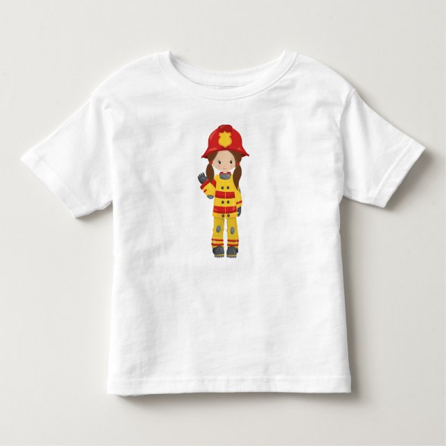 T-shirt Pour Les Tous Petits Femme pompier, femme pompier, cheveux bruns (Devant)