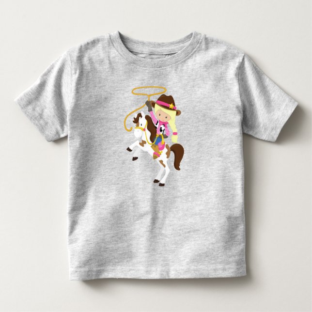 T-shirt Pour Les Tous Petits Femme, Sheriff, Cheval, Lasso, Cheveux Blonde (Devant)