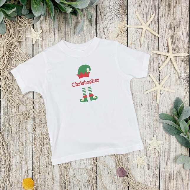 T-shirt Pour Les Tous Petits Fête de Noël de l'Elfe Rouge Vert Personnalisé (Personalized Monogrammed Christmas Elf Toddler, Baby T-shirt. Available in many kids sizes)