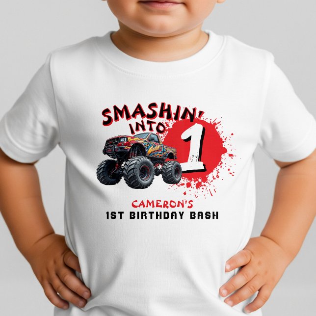 T-shirt Pour Les Tous Petits Fête du 1er anniversaire Monster Truck Smash (Monster Truck Smash 1st Birthday Toddler T-shirt
)