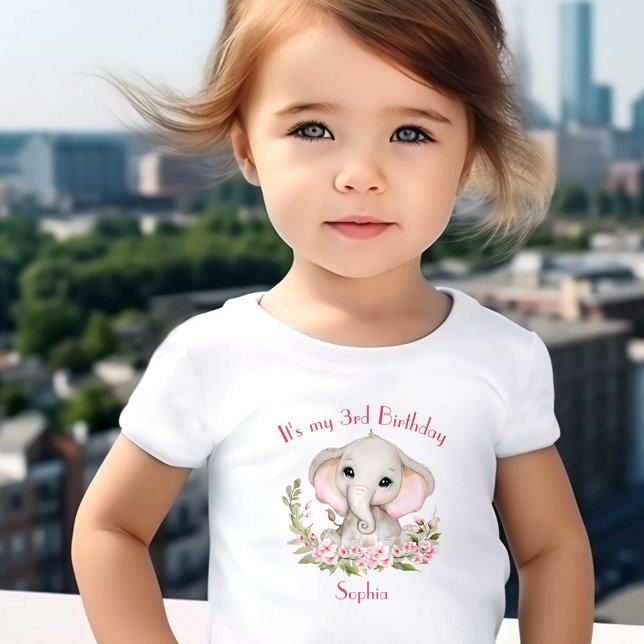 T-shirt Pour Les Tous Petits Fille d'anniversaire Elephant rose Nom personnalis (Birthday Girl Elephant Pink Personalized Name Toddler T-shirt)