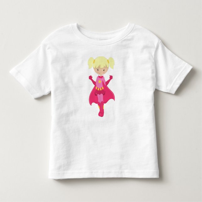 T-shirt Pour Les Tous Petits Fille super-héroïne, Cheveux blonds, Cape rose, Jo (Devant)