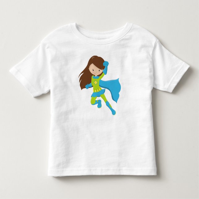T-shirt Pour Les Tous Petits Fille Super-héroïne, Fille Mignonne, Cheveux Bruns (Devant)