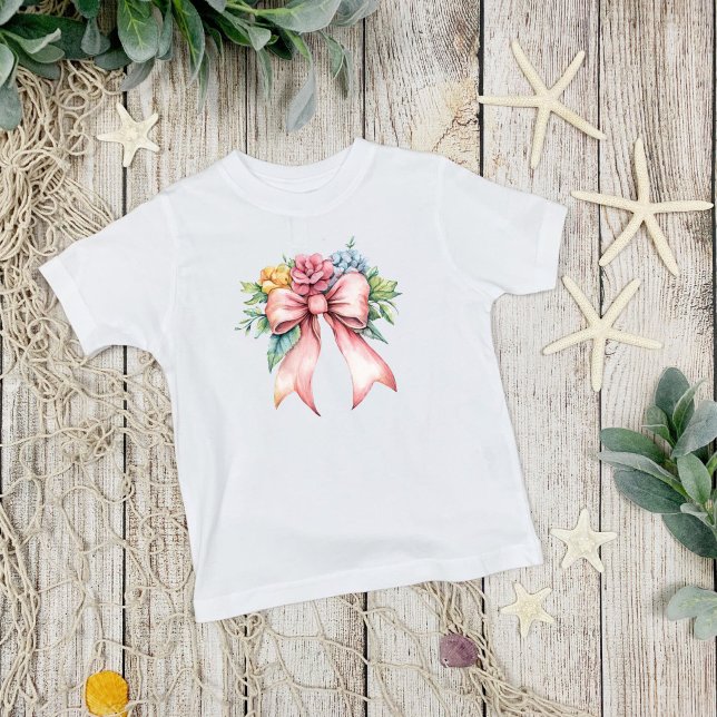 T-shirt Pour Les Tous Petits Filles Coquette Florales Aquarelle Ruban Rose (Pink bow with watercolor florals, coquette aesthetic, Toddler Girls T-shirt)