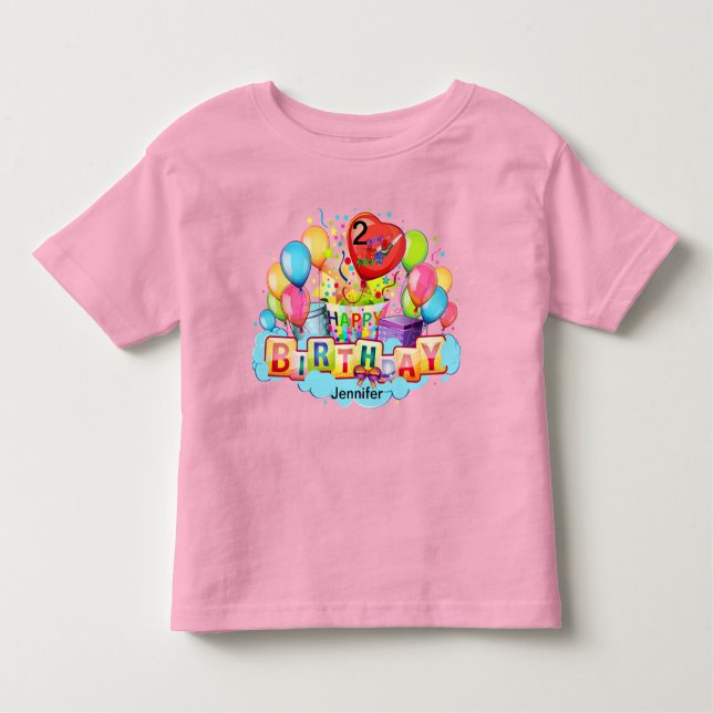 T-shirt Pour Les Tous Petits Filles Gâteau Joyeux Anniversaire VOTRE NOM & ÂGE  (Devant)