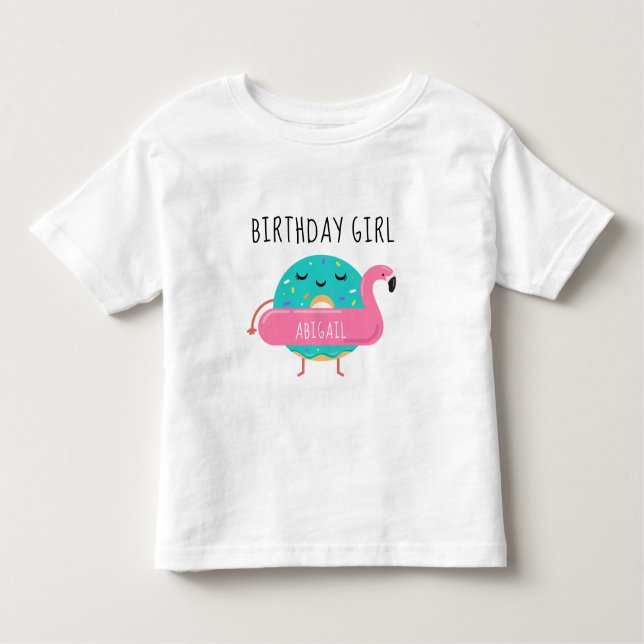 T-shirt Pour Les Tous Petits Flamant rose Donut Anniversaire Fête de Pool Fille (Devant)
