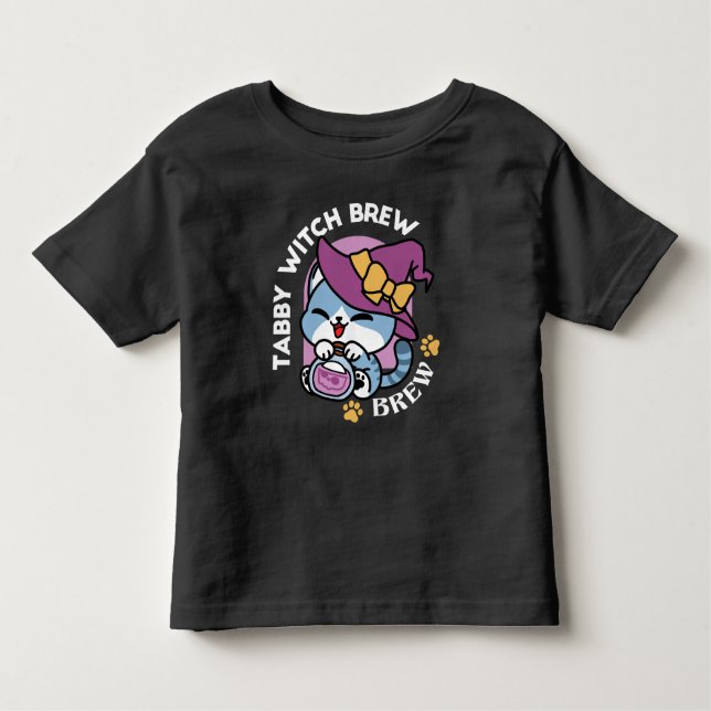 T-shirt Pour Les Tous Petits Halloween Tabby Cat – Witch Hat & Potion Art (Devant)