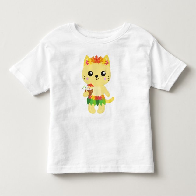 T-shirt Pour Les Tous Petits Hawaii Chat, Cute Chat, Chat Jaune, Fleurs, Luau (Devant)