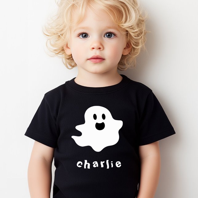 T-shirt Pour Les Tous Petits Heureux fantôme et nom des enfants Halloween (Happy ghost and name kids Halloween Toddler T-shirt)