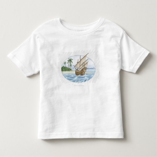 T-shirt Pour Les Tous Petits Illustration de bateau du 16ème siècle près d'île (Devant)