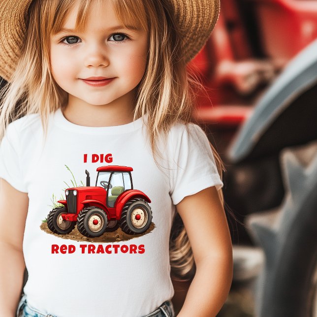 T-shirt Pour Les Tous Petits J'AI DIG RED TRACTORS Farm Cartoon (I dig red tractors personalized toddler t-shirt for girls)