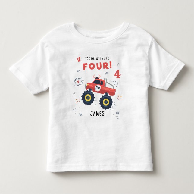 T-shirt Pour Les Tous Petits Jeune, sauvage et quatre ans - Voiture monstre pou (Devant)