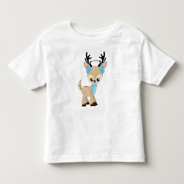 T-shirt Pour Les Tous Petits Joli renne, Petit renne, Écharpe Bleue (Devant)