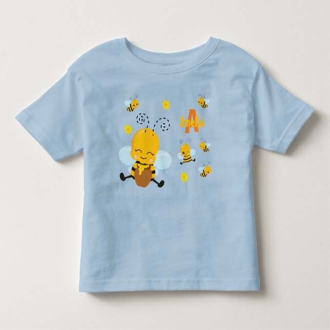 T-shirt Pour Les Tous Petits Jolie Bumble Bee avec Fleurs Bleu (Devant)