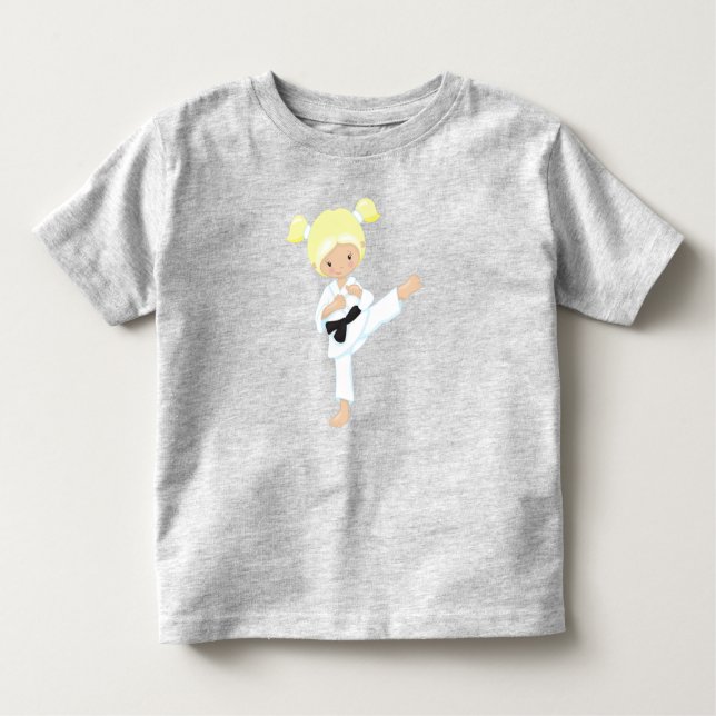 T-shirt Pour Les Tous Petits Karate Girl, mignonne fille, cheveux blonds, ceint (Devant)