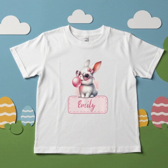 T-shirt Pour Les Tous Petits Lapin de Pâques personnalisé au nom Bubblegum rose (Personalized Name Easter Bunny Pink Bubblegum Toddler T-shirt)