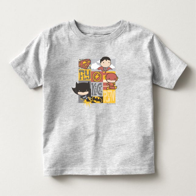 T-shirt Pour Les Tous Petits Ligue de justice de Chibi | Voler, Tirer, Exécuter (Devant)