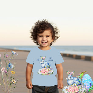 T-shirt Pour Les Tous Petits Ma 1ère Couronne Florale de Pâques Lapin Bleu Fleu
