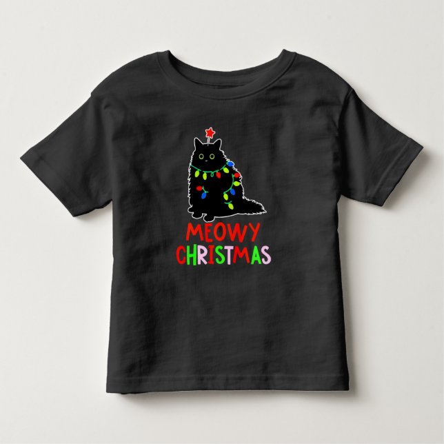T-shirt Pour Les Tous Petits Meowy Christmas Xmas Lights Black Cat Pajamas  (Devant)