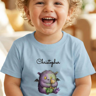 T-shirt Pour Les Tous Petits Mignon Copain Monstre Violet Vert Fluffy
