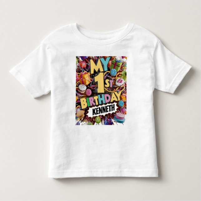 T-shirt Pour Les Tous Petits Mon 1Er Anniversaire Gâteau Et Ballons (Devant)