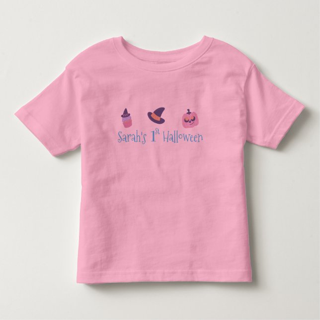 T-shirt Pour Les Tous Petits Mon 1er Halloween Citrouille Rose Personnalisé (Devant)