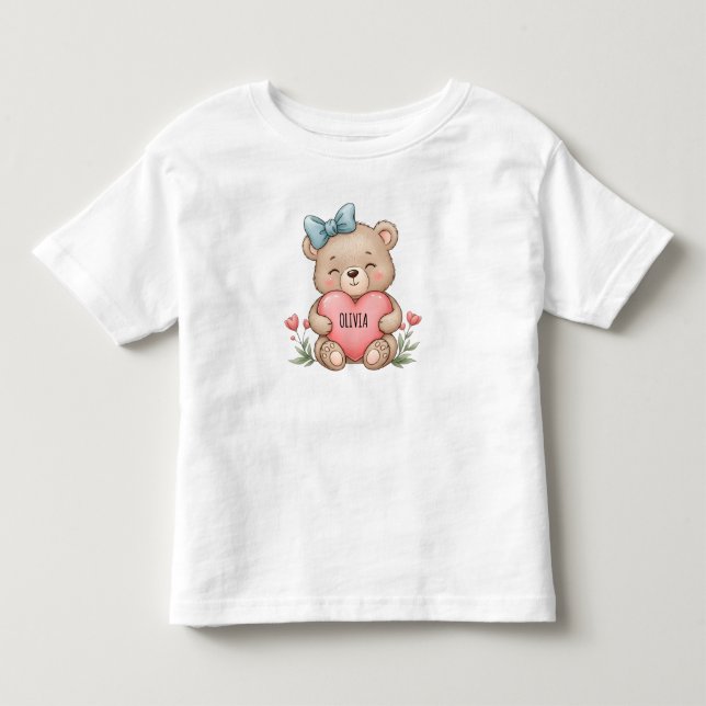T-shirt Pour Les Tous Petits Nounours en peluche tenant un cœur rose (Devant)