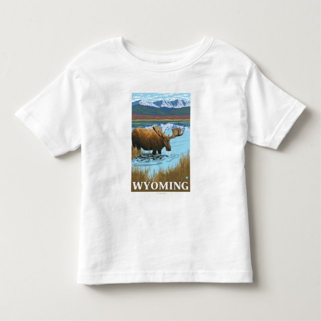 T-shirt Pour Les Tous Petits Orignaux buvant au lac - Wyoming (Devant)