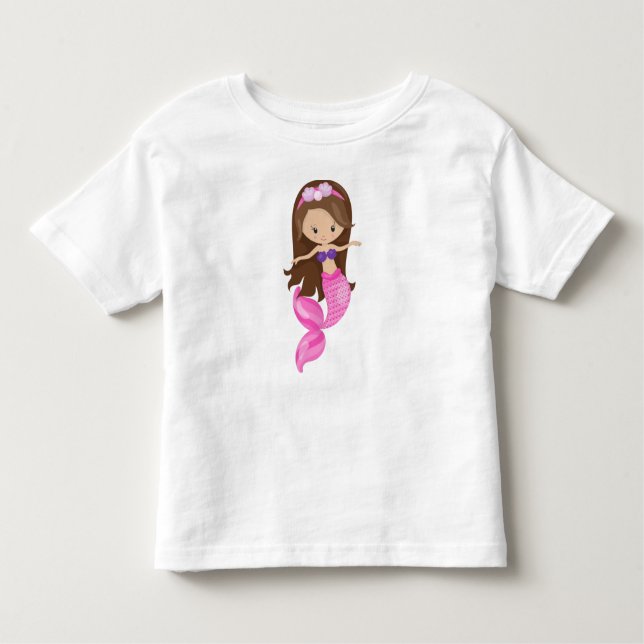 T-shirt Pour Les Tous Petits Petite Sirène, Mignonne Sirène, Cheveux Brown, Coq (Devant)