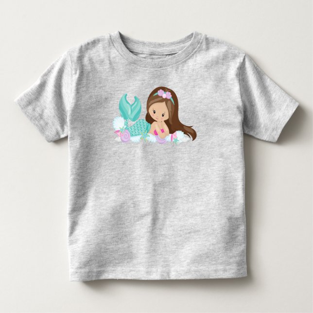 T-shirt Pour Les Tous Petits Petite Sirène, Mignonne Sirène, Coques, Cheveux Br (Devant)