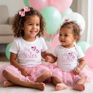 T-shirt Pour Les Tous Petits Petite Soeur Cœurs Aquarelle Rose Nom Personnalisé