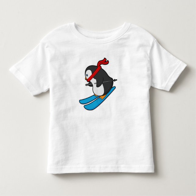 T-shirt Pour Les Tous Petits Pingouin comme skieur avec ski (Devant)