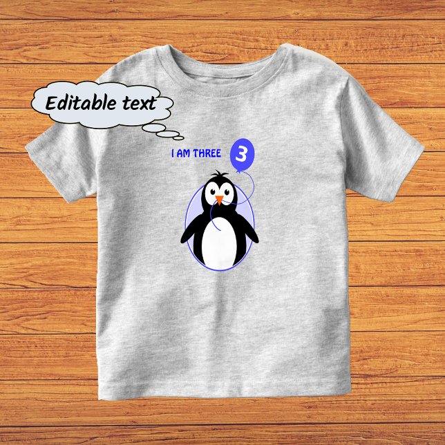 T-shirt Pour Les Tous Petits Pingouin d'anniversaire texte personnalisé bleu tr (Sample shows gray color t-shirt with 'vivid printing' option)