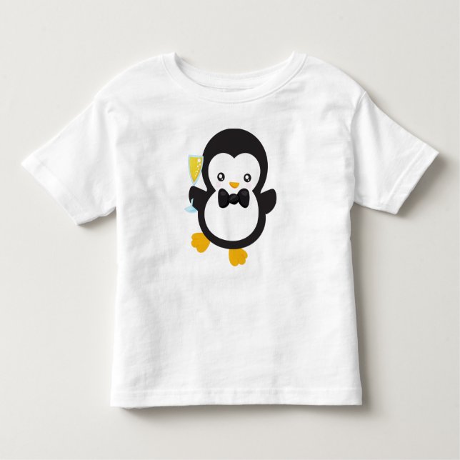T-shirt Pour Les Tous Petits Pingouin, Pingouin Avec Champagne, Fête (Devant)