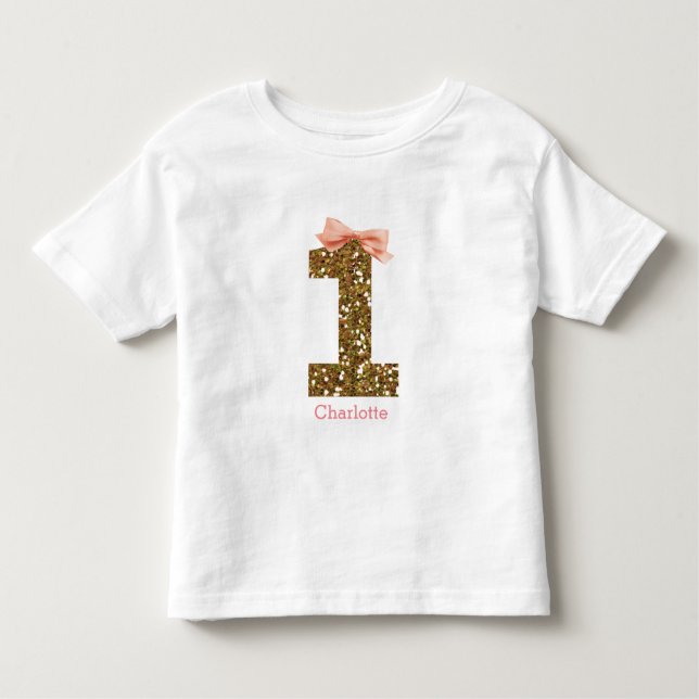 T-shirt Pour Les Tous Petits Pink Bow Gold Parties scintillant Un 1er anniversa (Devant)