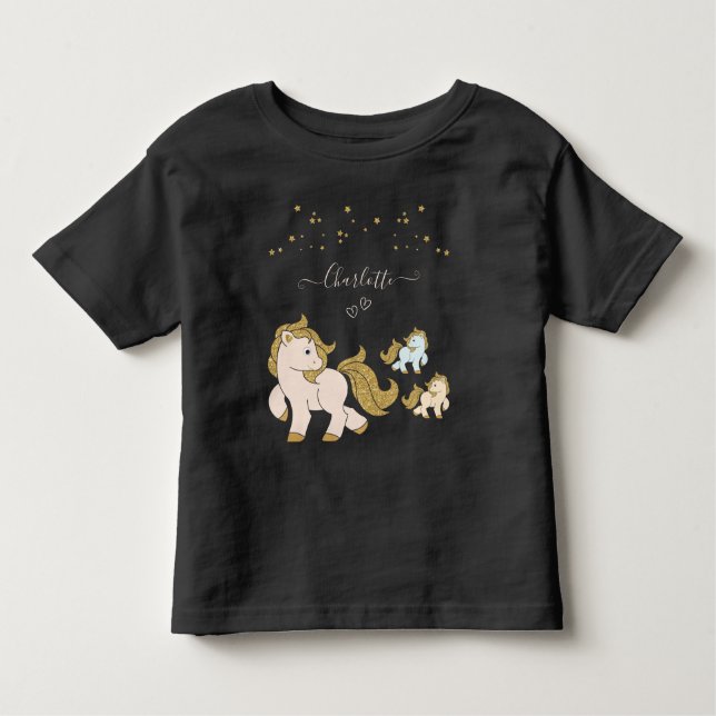 T-shirt Pour Les Tous Petits Pink Glitter Ponies with First Name Little Girl (Devant)