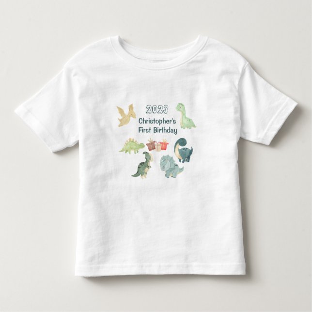 T-shirt Pour Les Tous Petits Premier anniversaire Bébé Dinosaure aquarelle blan (Devant)
