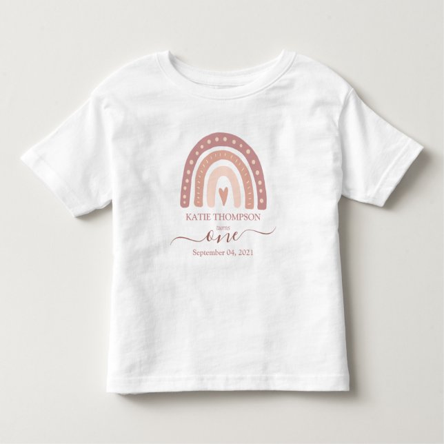 T-shirt Pour Les Tous Petits Premier anniversaire du Pastel Pink Rainbow Boho (Devant)