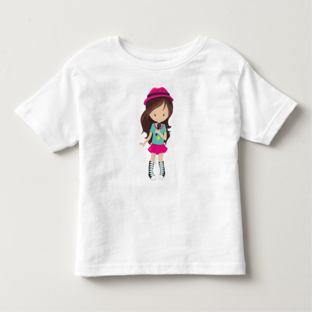 T-shirt Pour Les Tous Petits Rock Girl, cheveux Brown, chanteur de groupe, micr (Devant)