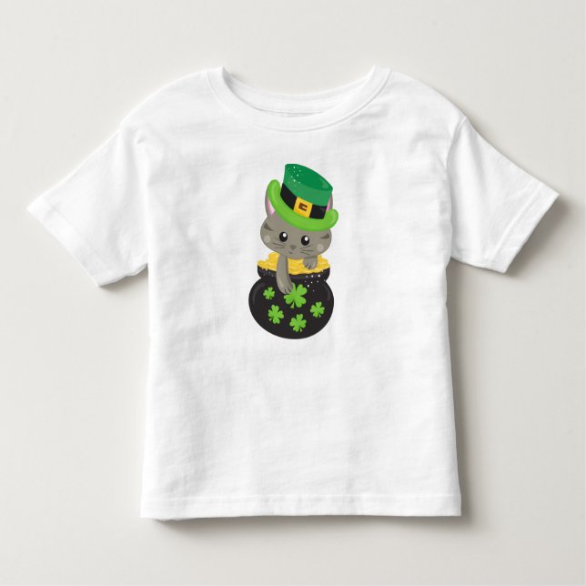 T-shirt Pour Les Tous Petits Saint Patrick's Day Chat, Clovers, Pot D'Or (Devant)