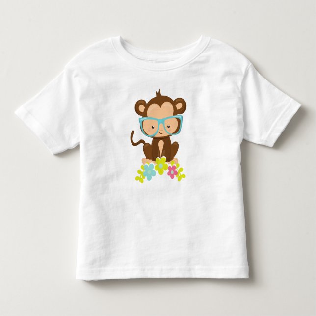 T-shirt Pour Les Tous Petits Singe Hipster, Singe Avec Lunettes, Fleurs (Devant)